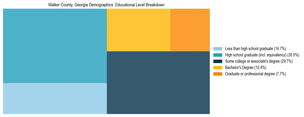 Treemap chart illustrating the educational attainment breakdown for population 25 years and over in Walker County, Georgia.