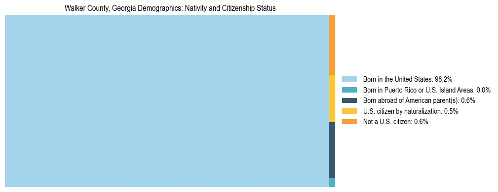 Treemap showing the population distribution by nativity and citizenship status in Walker County, Georgia based on U.S. Census data.
