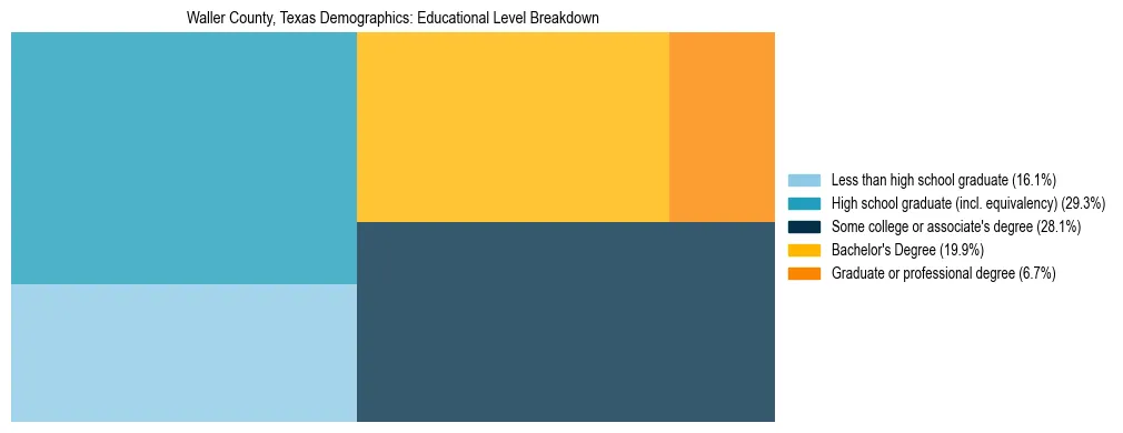 Treemap chart illustrating the educational attainment breakdown for population 25 years and over in Waller County, Texas.