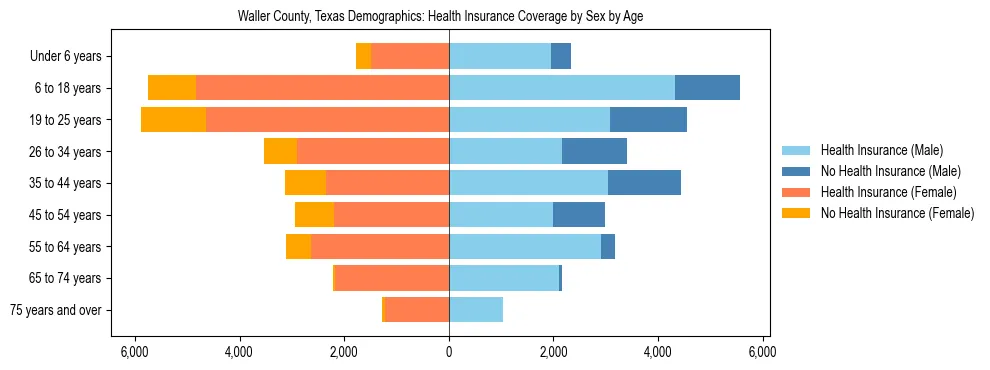 Pyramid chart showing health insurance coverage by age and sex in Waller County, Texas.