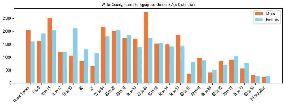 Bar chart showing the population distribution of Waller County, Texas by age group and gender, based on 2023 ACS data.