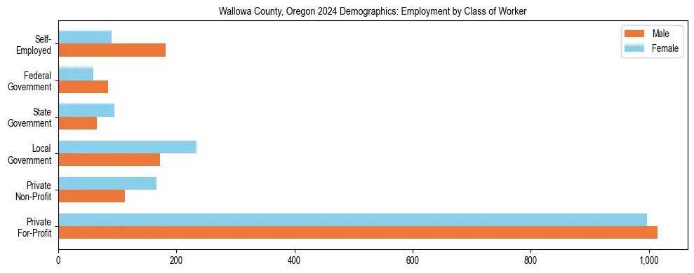 Horizontal bar chart showing employment distribution by class of worker and gender in Wallowa County, Oregon, based on 2023 ACS data.