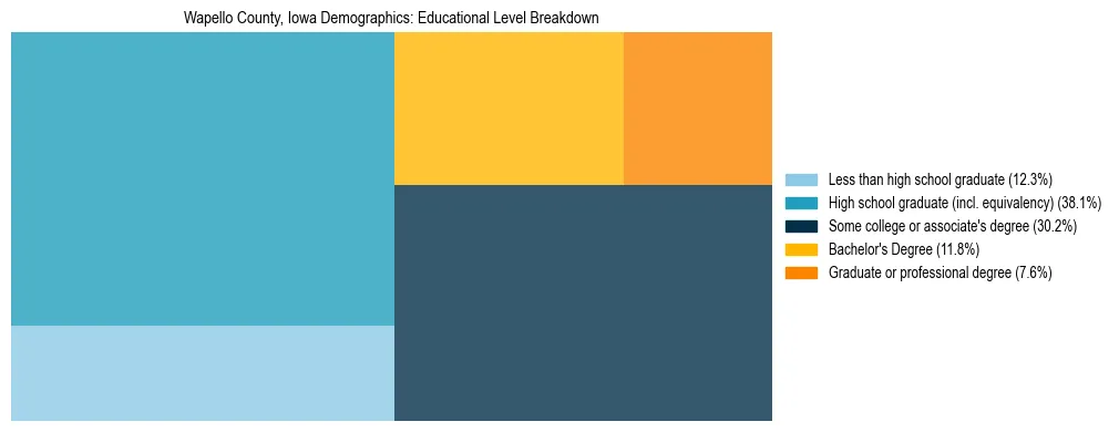 Treemap chart illustrating the educational attainment breakdown for population 25 years and over in Wapello County, Iowa.