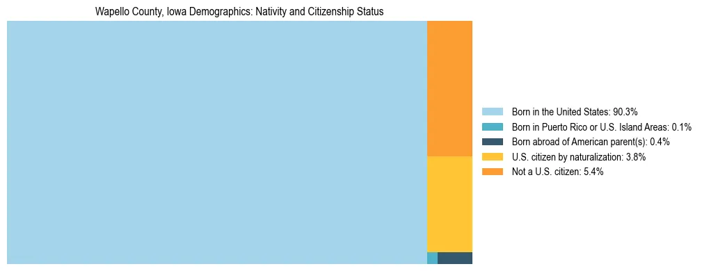 Treemap showing the population distribution by nativity and citizenship status in Wapello County, Iowa based on U.S. Census data.
