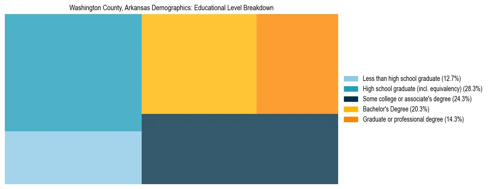 Treemap chart illustrating the educational attainment breakdown for population 25 years and over in Washington County, Arkansas.