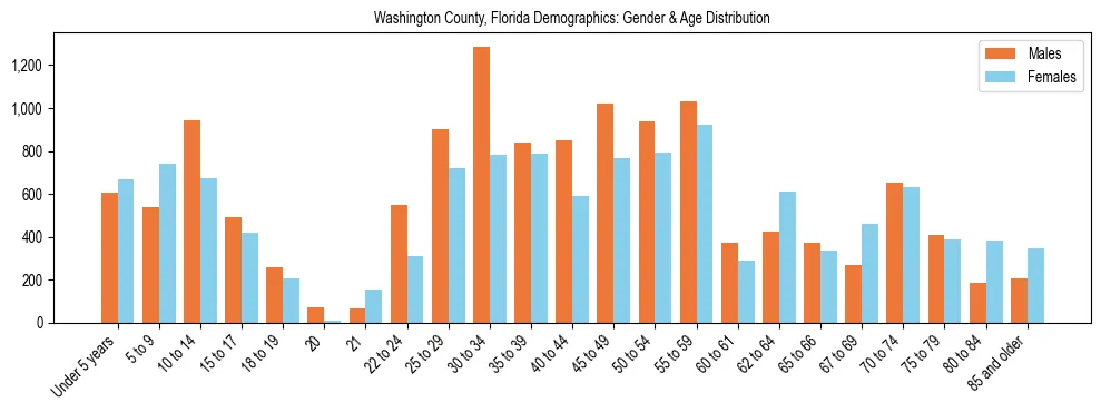 Bar chart showing the population distribution of Washington County, Florida by age group and gender, based on 2023 ACS data.