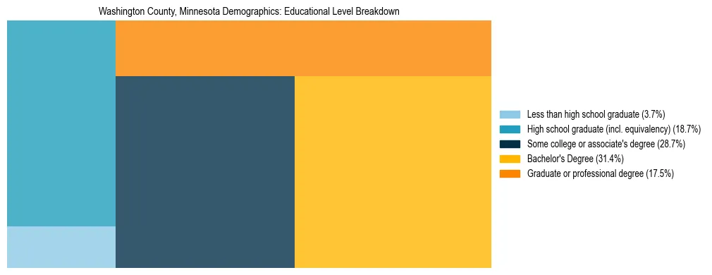 Treemap chart illustrating the educational attainment breakdown for population 25 years and over in Washington County, Minnesota.
