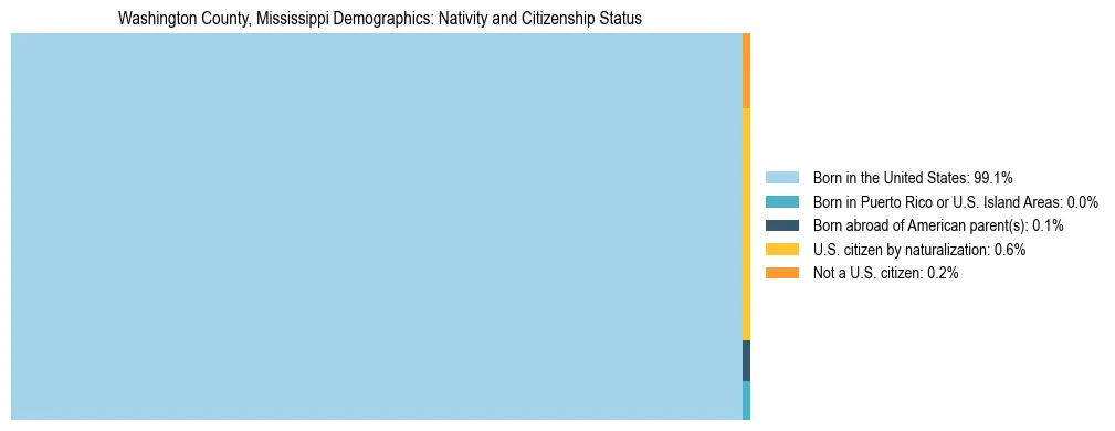 Treemap showing the population distribution by nativity and citizenship status in Washington County, Mississippi based on U.S. Census data.