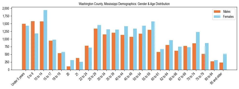 Bar chart showing the population distribution of Washington County, Mississippi by age group and gender, based on 2023 ACS data.