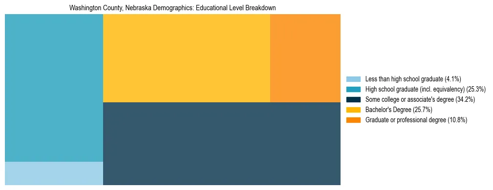 Treemap chart illustrating the educational attainment breakdown for population 25 years and over in Washington County, Nebraska.