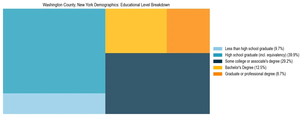Treemap chart illustrating the educational attainment breakdown for population 25 years and over in Washington County, New York.