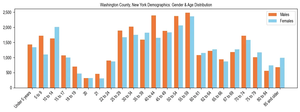 Bar chart showing the population distribution of Washington County, New York by age group and gender, based on 2023 ACS data.