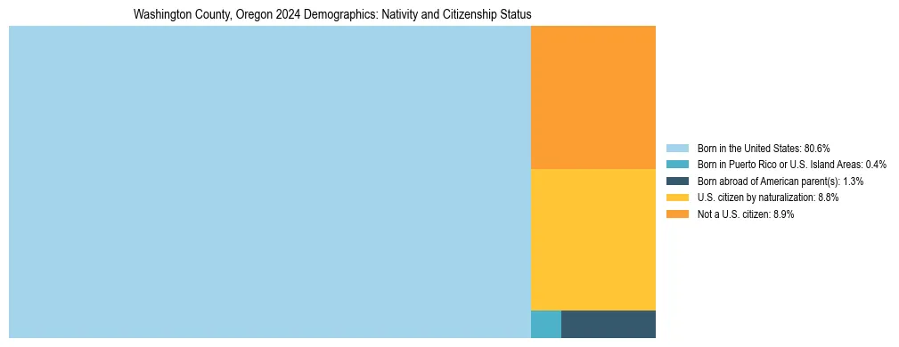 Treemap showing the population distribution by nativity and citizenship status in Washington County, Oregon based on U.S. Census data.