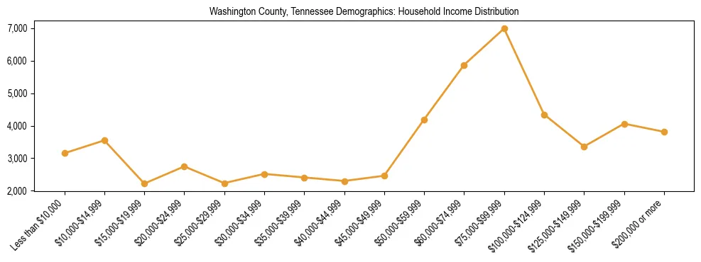 Horizontal bar chart showing household income distribution in Washington County, Tennessee.