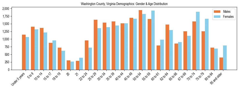 Bar chart showing the population distribution of Washington County, Virginia by age group and gender, based on 2023 ACS data.