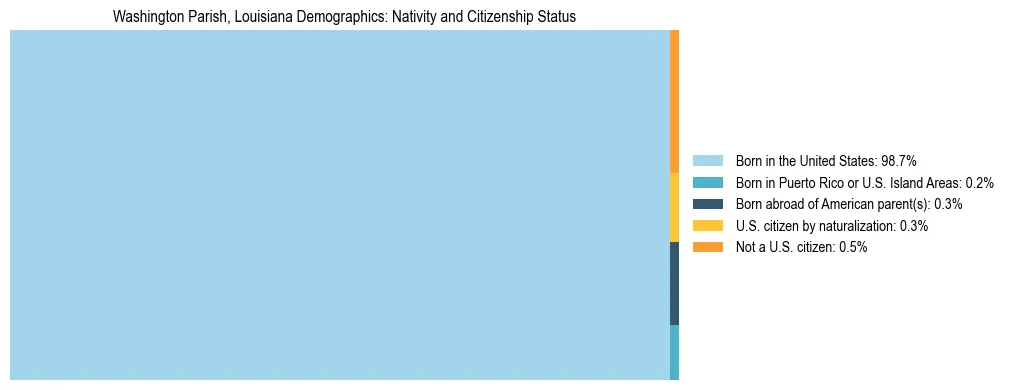 Treemap showing the population distribution by nativity and citizenship status in Washington Parish, Louisiana based on U.S. Census data.