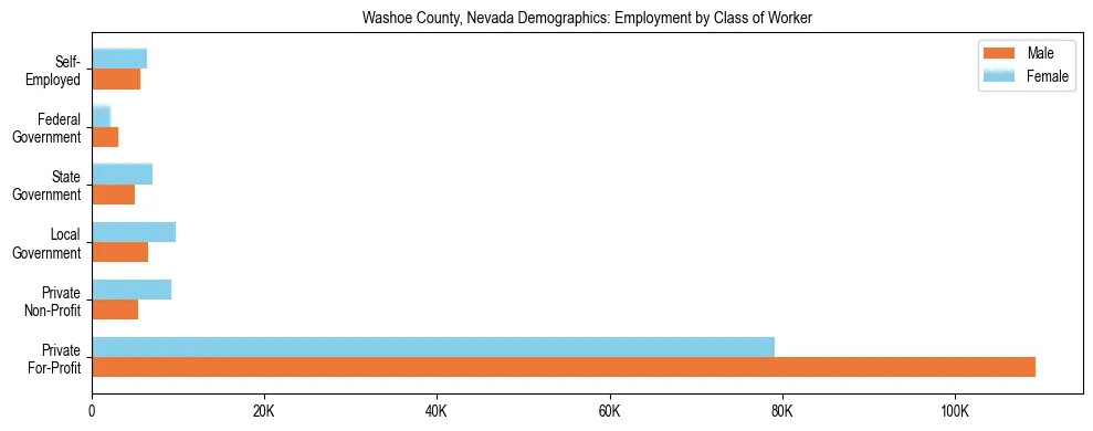 Horizontal bar chart showing employment distribution by class of worker and gender in Washoe County, Nevada, based on 2023 ACS data.