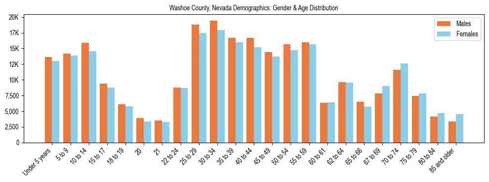 Bar chart showing the population distribution of Washoe County, Nevada by age group and gender, based on 2023 ACS data.
