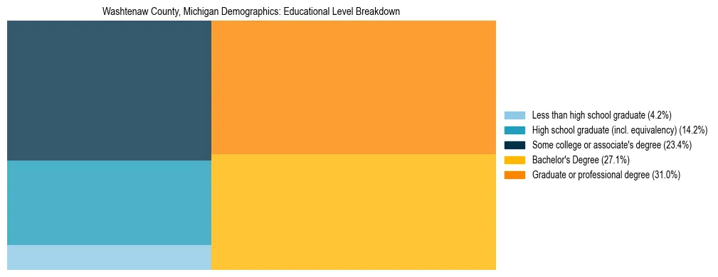 Treemap chart illustrating the educational attainment breakdown for population 25 years and over in Washtenaw County, Michigan.