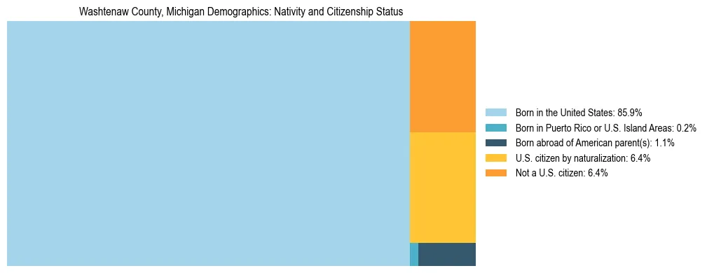 Treemap showing the population distribution by nativity and citizenship status in Washtenaw County, Michigan based on U.S. Census data.