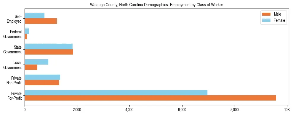 Horizontal bar chart showing employment distribution by class of worker and gender in Watauga County, North Carolina, based on 2023 ACS data.