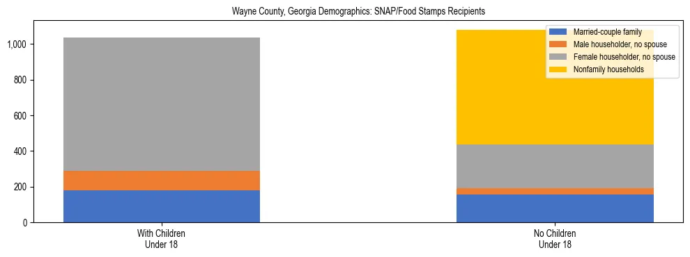 Stacked bar chart showing SNAP/Food Stamps recipient household composition by presence of children under 18 in Wayne County, Georgia, based on 2023 ACS data.