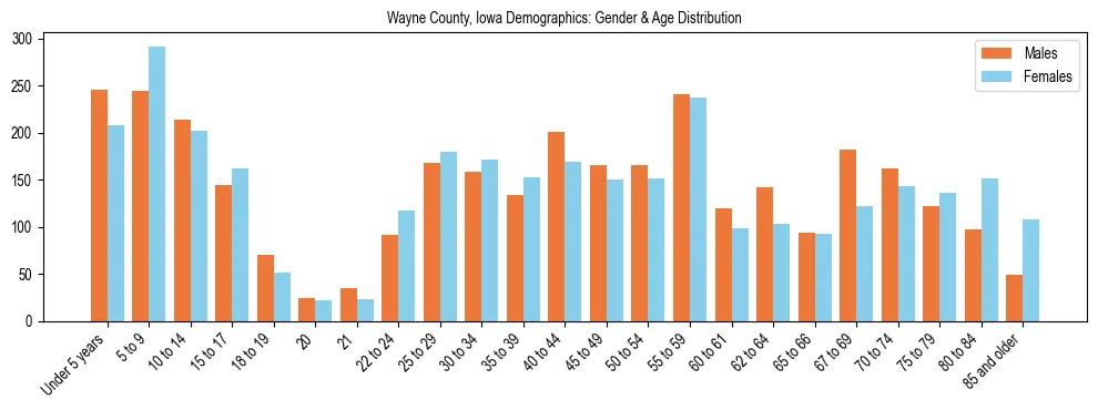 Bar chart showing the population distribution of Wayne County, Iowa by age group and gender, based on 2023 ACS data.