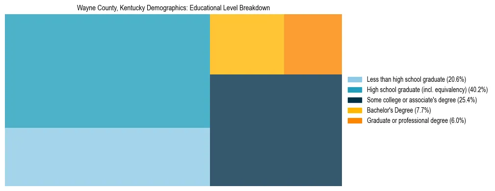 Treemap chart illustrating the educational attainment breakdown for population 25 years and over in Wayne County, Kentucky.