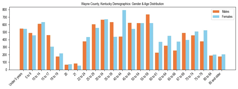 Bar chart showing the population distribution of Wayne County, Kentucky by age group and gender, based on 2023 ACS data.