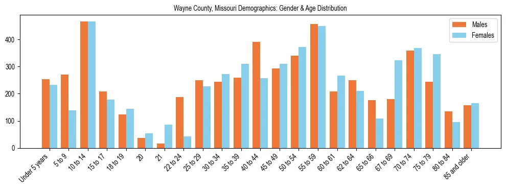 Bar chart showing the population distribution of Wayne County, Missouri by age group and gender, based on 2023 ACS data.