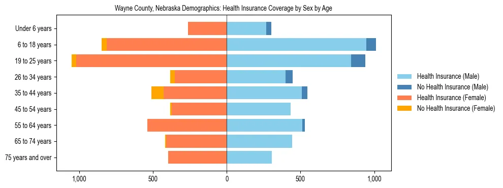 Pyramid chart showing health insurance coverage by age and sex in Wayne County, Nebraska.