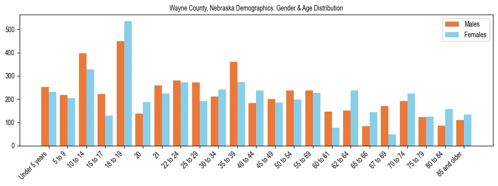 Bar chart showing the population distribution of Wayne County, Nebraska by age group and gender, based on 2023 ACS data.