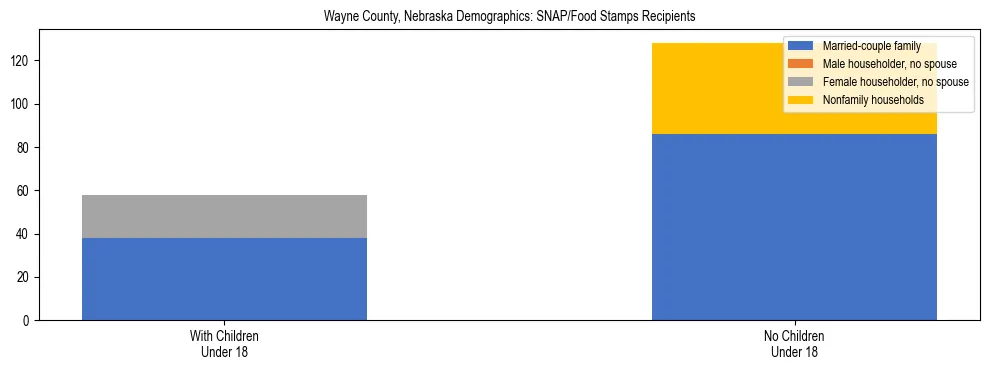 Stacked bar chart showing SNAP/Food Stamps recipient household composition by presence of children under 18 in Wayne County, Nebraska, based on 2023 ACS data.
