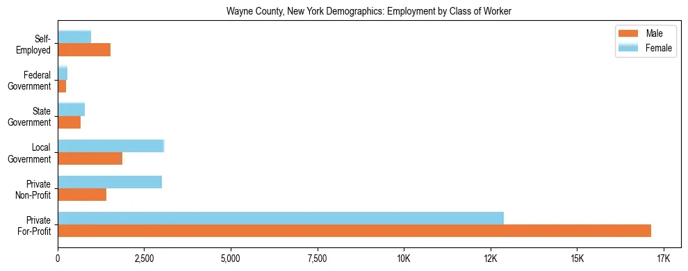 Horizontal bar chart showing employment distribution by class of worker and gender in Wayne County, New York, based on 2023 ACS data.