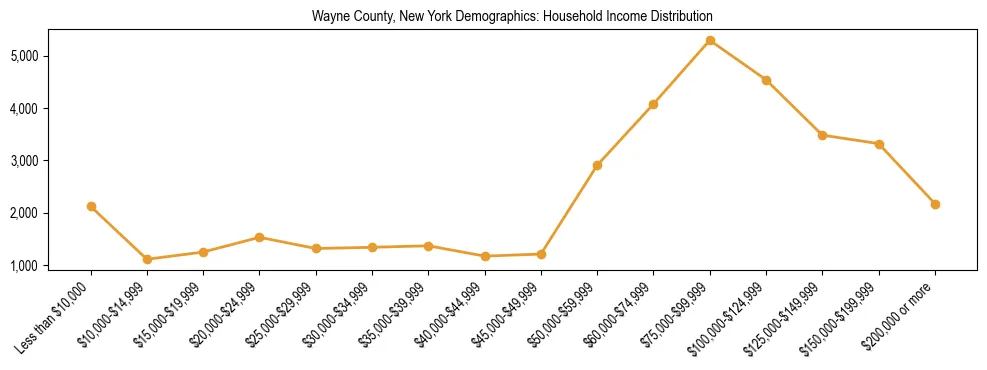 Horizontal bar chart showing household income distribution in Wayne County, New York.
