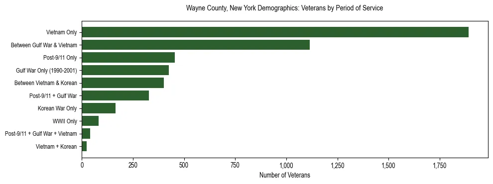 Horizontal bar chart showing veteran distribution by period of military service in Wayne County, New York, based on 2023 ACS data.