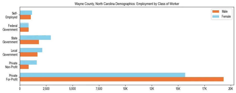 Horizontal bar chart showing employment distribution by class of worker and gender in Wayne County, North Carolina, based on 2023 ACS data.
