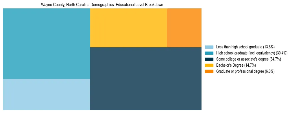 Treemap chart illustrating the educational attainment breakdown for population 25 years and over in Wayne County, North Carolina.