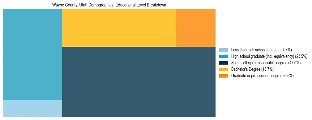 Treemap chart illustrating the educational attainment breakdown for population 25 years and over in Wayne County, Utah.