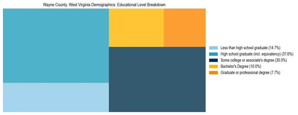 Treemap chart illustrating the educational attainment breakdown for population 25 years and over in Wayne County, West Virginia.