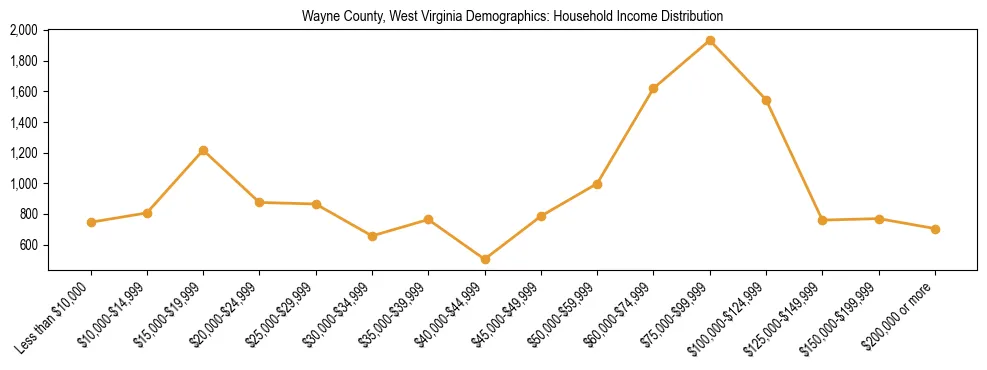 Horizontal bar chart showing household income distribution in Wayne County, West Virginia.