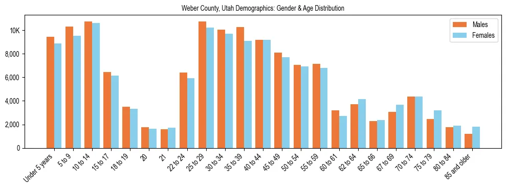 Bar chart showing the population distribution of Weber County, Utah by age group and gender, based on 2023 ACS data.