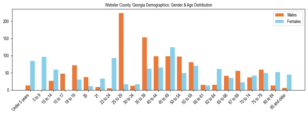 Bar chart showing the population distribution of Webster County, Georgia by age group and gender, based on 2023 ACS data.