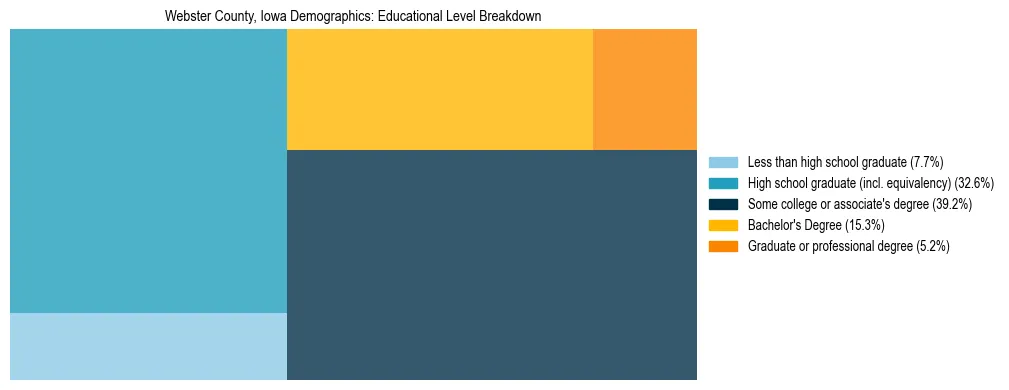 Treemap chart illustrating the educational attainment breakdown for population 25 years and over in Webster County, Iowa.