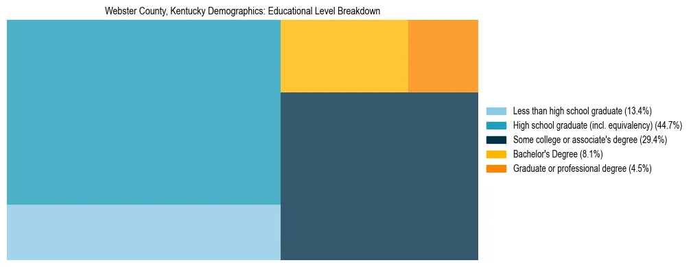 Treemap chart illustrating the educational attainment breakdown for population 25 years and over in Webster County, Kentucky.