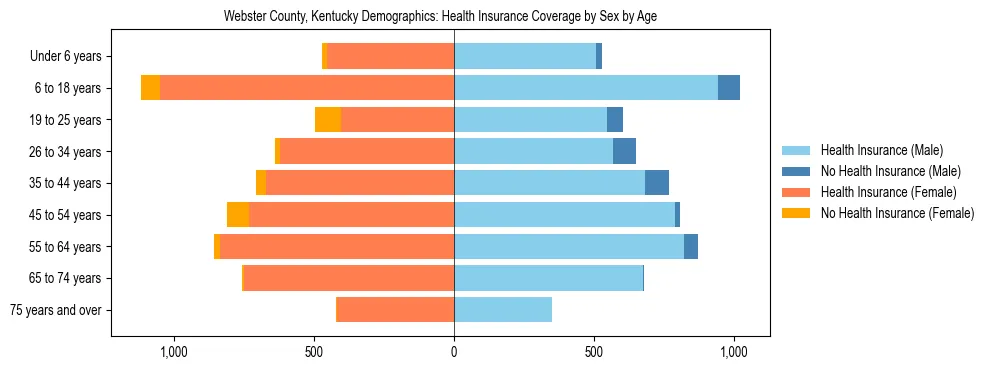 Pyramid chart showing health insurance coverage by age and sex in Webster County, Kentucky.