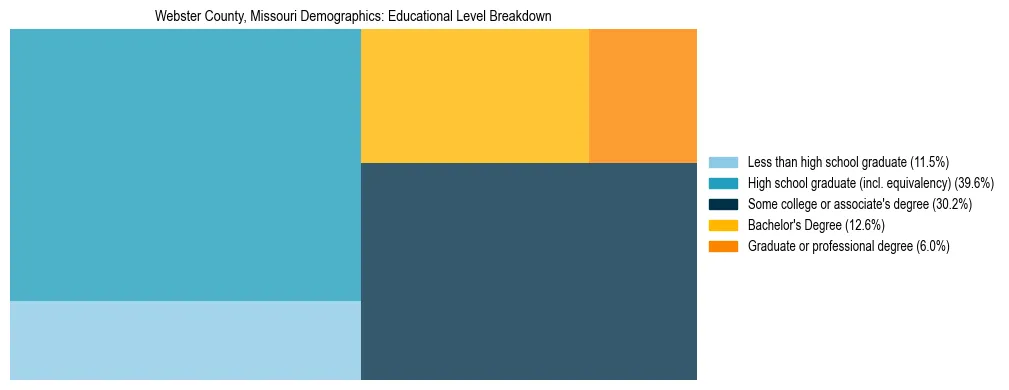 Treemap chart illustrating the educational attainment breakdown for population 25 years and over in Webster County, Missouri.