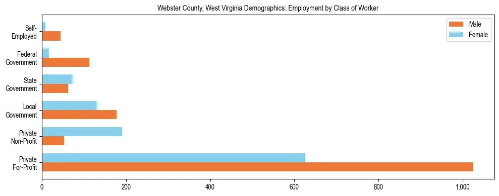 Horizontal bar chart showing employment distribution by class of worker and gender in Webster County, West Virginia, based on 2023 ACS data.