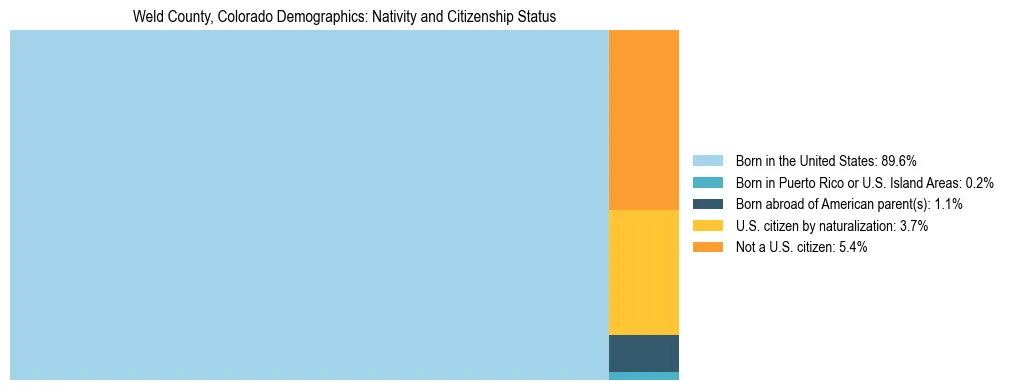 Treemap showing the population distribution by nativity and citizenship status in Weld County, Colorado based on U.S. Census data.
