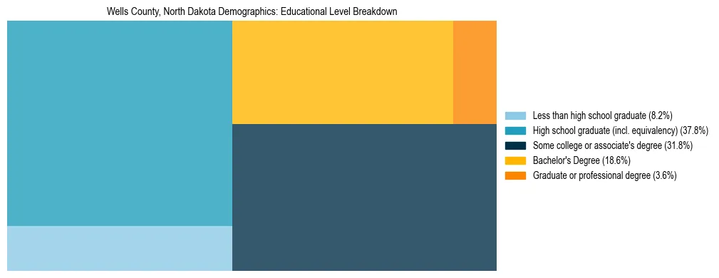 Treemap chart illustrating the educational attainment breakdown for population 25 years and over in Wells County, North Dakota.